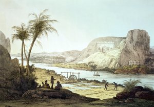 Vy över templen i Abu Simbel, Nubien, graverad av Augustine Aglio (1777-1857)